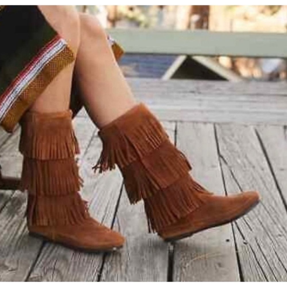 Minnetonka Three Layer Fringe Boot Suede Leather - image 1